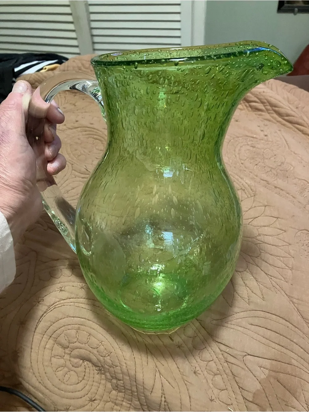 Crate and Barrel Hand Blown Green Glass Bubble Cocktail Water Pitcher